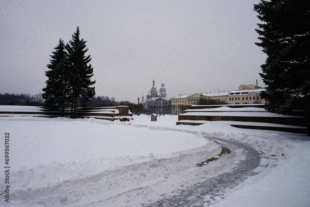 St. Petersburg, Russia, December 16, 2023. Field of Mars and view of the Church of the Savior on Spilled Blood.                              