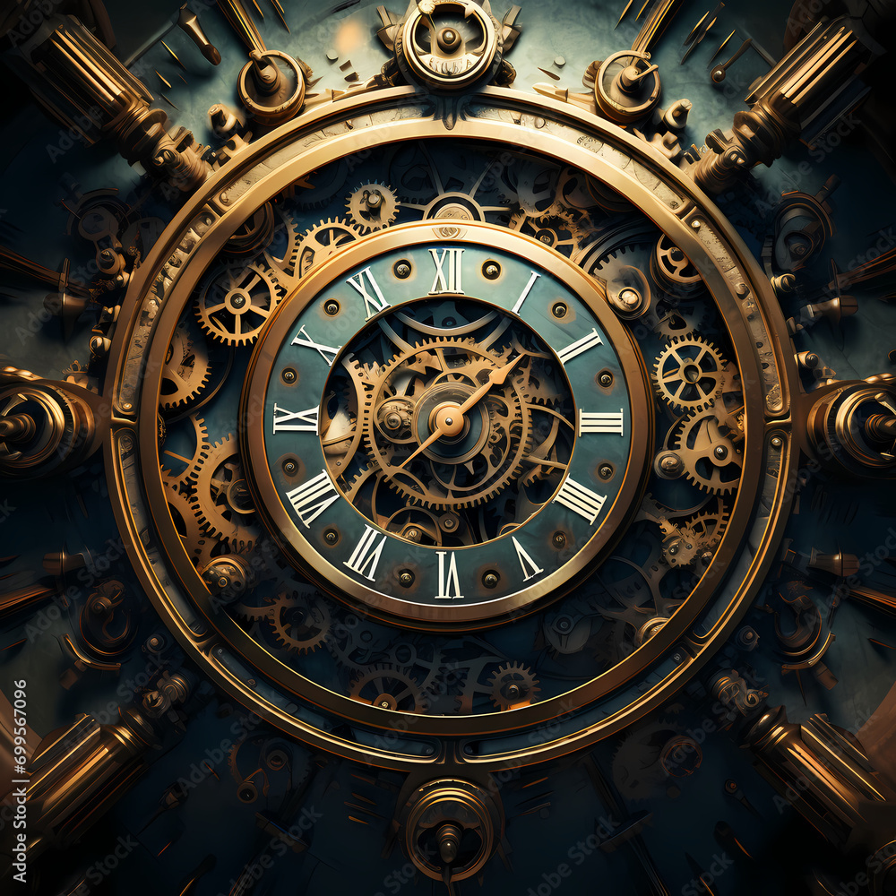 Abstract representation of time with clock gears and hourglasses.