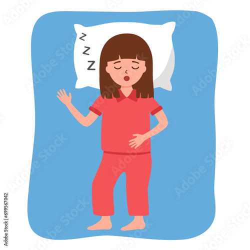 Cute girl child sleeping in flat design vector.