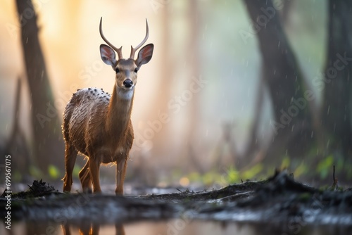 dew-covered bushbuck at dawn in misty woods photo
