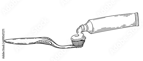 Toothpaste squeezed onto toothbrush sketch. Dental hygiene. Hand drawn line art illustration.