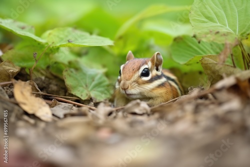 chipmunk arranging leaves in burrow for bedding
