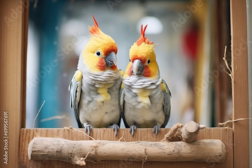 Fotótapéta cockatiel couple inside a nesting box in aviary
