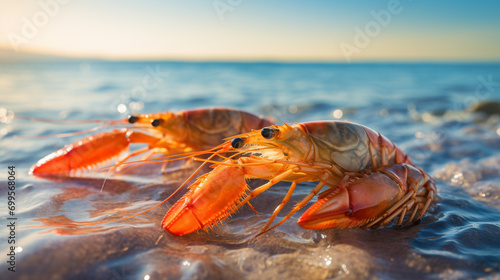 A shrimp in the sunlight climbs into the water, generative AI photo