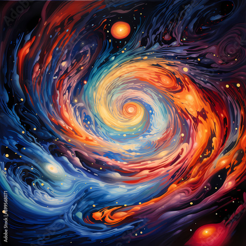 Abstract representation of the cosmos with swirling galaxies.