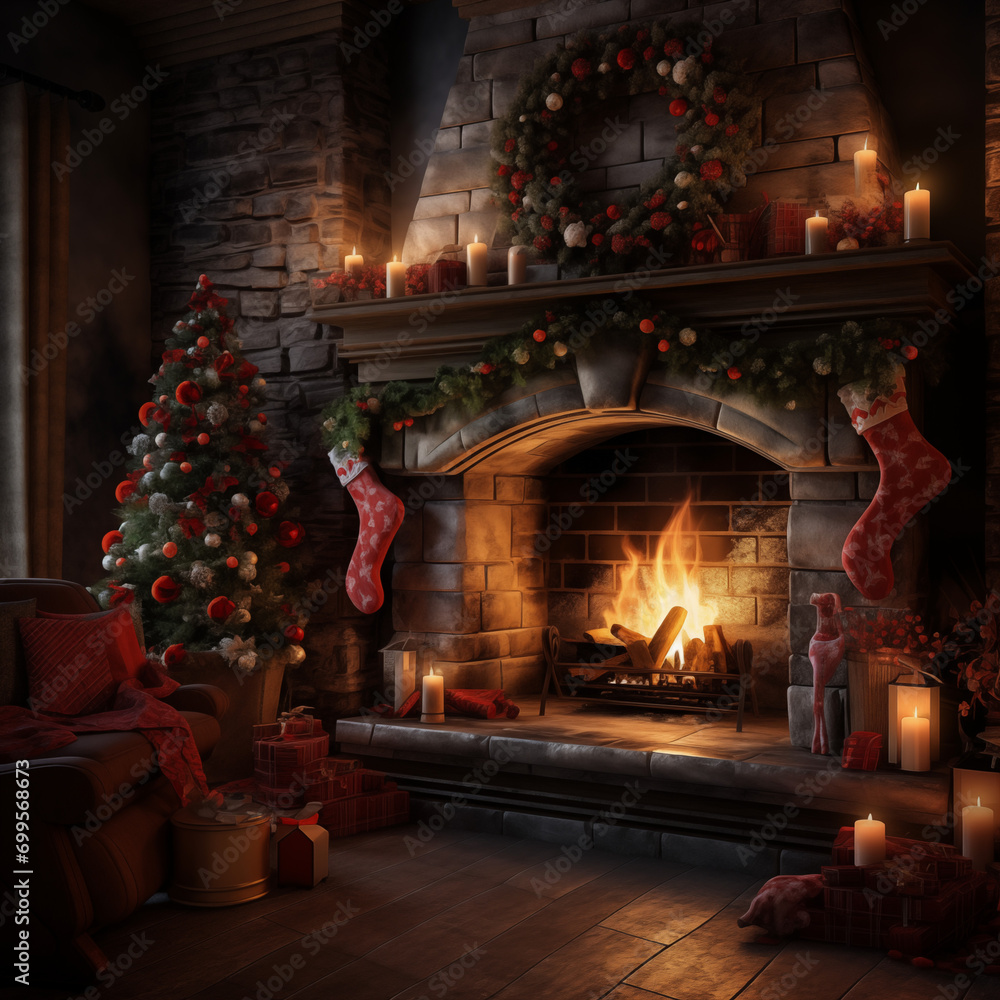 christmas fireplace night time