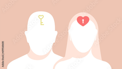 Portrait silhouette of a man and woman with a heart shape and a key inside their heads. Facing forward. Front view faceless people. Love, understanding and connection.