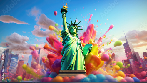 Photo of the Statue of Liberty on the background of the city of New York and colorful splashes. 