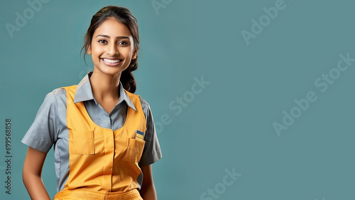 Indian woman in retail worker uniform smile isolated on pastel background