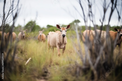 herd facing outward in defense, calves hidden behind in scrubland Fototapeta