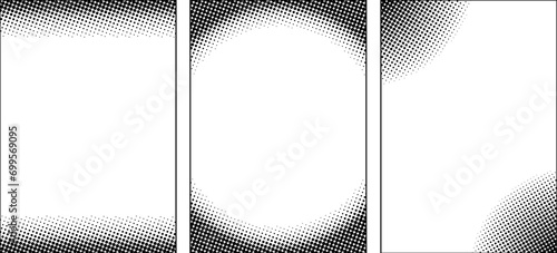 Vertical frames set in a halftone dots pattern. Simple clean manga style background frame. Monochrome dot gradient frames. Blanc place for text in the middle.