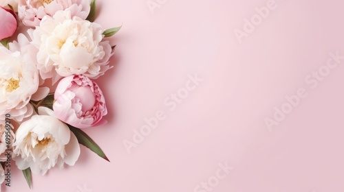Pink empty background with Spring peony Flowers. Wedding invitation and greeting card, Happy Women day Banner with copy space. Summer Flat lay natural floral sale illustration and text space.