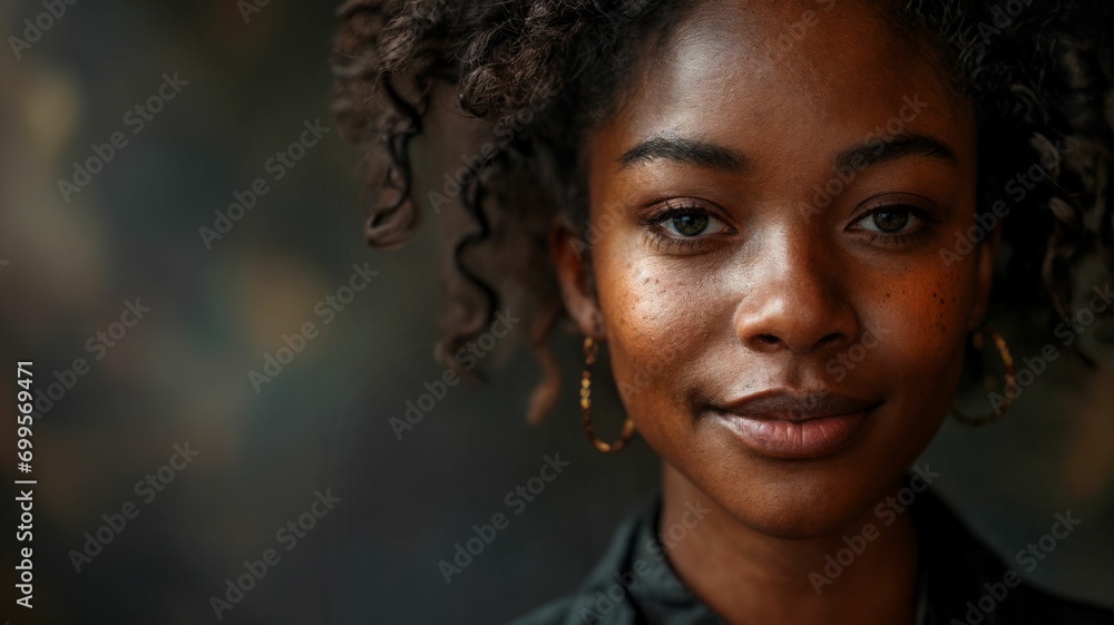 Everyday people. Portrait of a Young African American Woman with Captivating Eyes. Beautiful woman. Shallow depth of field. Wearing earrings. Curly hair Everyday people. Portrait of a Young African American Woman with Captivating Eyes. Beautiful woman. Shallow depth of field. Wearing earrings. Curly hair