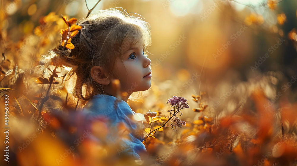 Dreamlike child's portrait in a meadow, surrounded by a swirl of colorful autumn leaves, soft sunlight filtering through