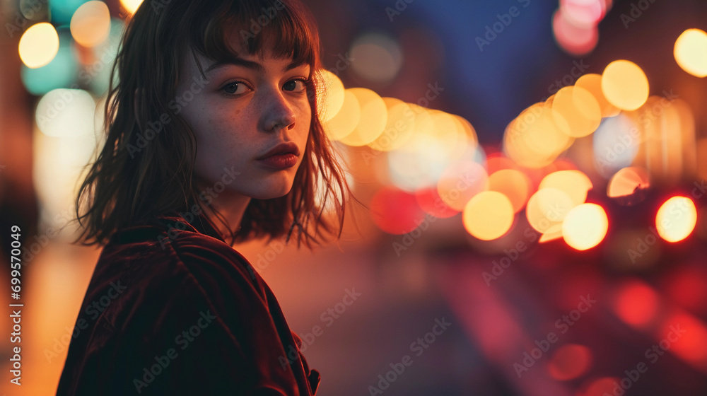 Fototapeta premium Dreamy portrait in an urban setting at twilight, soft city lights in the distance, subject in a vintage-inspired velvet jacket