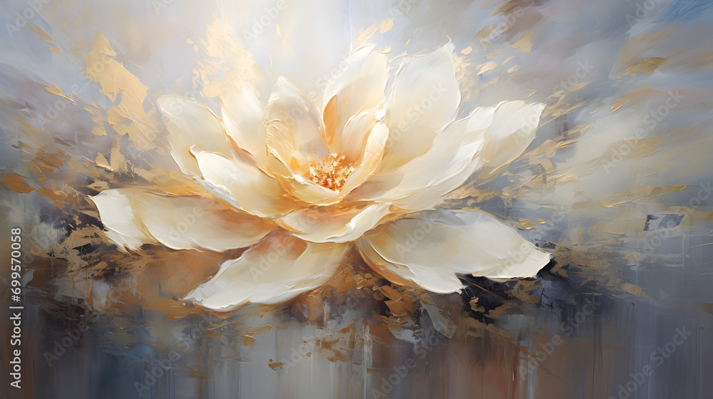 Abstract oil painting art. Flower and leaves painting. Elegant White, golden and silver. wallpapers, banners, posters, cards, murals, rugs, wall hanging paintings. generative ai	 - obrazy, fototapety, plakaty 