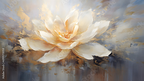 Abstract oil painting art. Flower and leaves painting. Elegant White, golden and silver. wallpapers, banners, posters, cards, murals, rugs, wall hanging paintings. generative ai	 photo