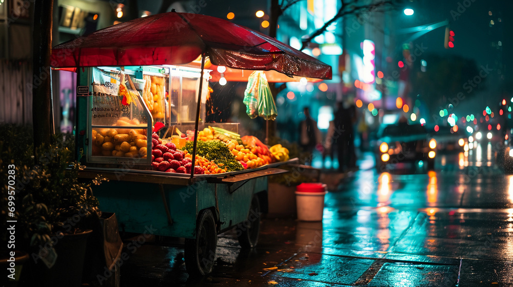 street vendor at night, colorful food cart, lively urban setting