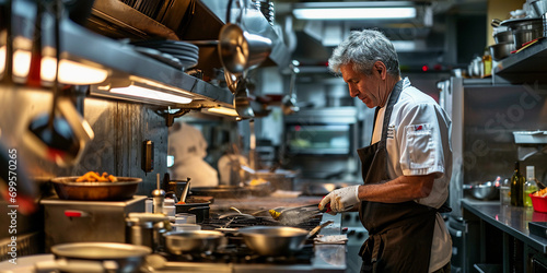 chef in a bustling restaurant kitchen, focused intensity, surrounded by stainless steel appliances