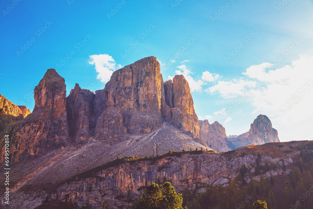 Mountain landscape background. Rocks against the day sky. The Dolomites in South Tyrol Italy Europe