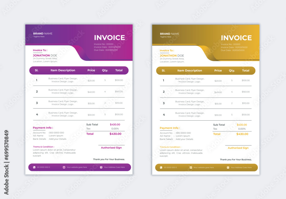 Corporate Business Invoice design template.
Bill form price invoice vector illustration.
Creative invoice template with A4 size,
Modern invoices with 2 color sets.