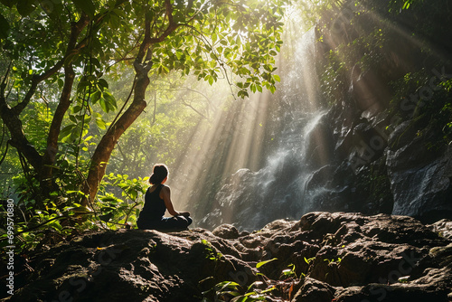 Person in a meditative pose under a waterfall, natural light filtered through the forest canopy