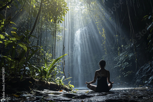 Person in a meditative pose under a waterfall  natural light filtered through the forest canopy