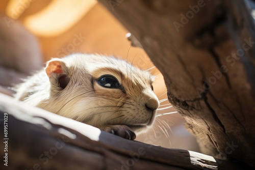 gerbil resting in the shade under a rocky overhang
