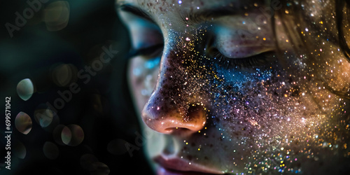 Portrait in a dream state, face partially merging with the milky way galaxy, stars glittering across the skin