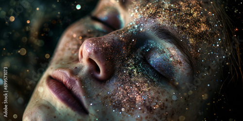Portrait in a dream state, face partially merging with the milky way galaxy, stars glittering across the skin