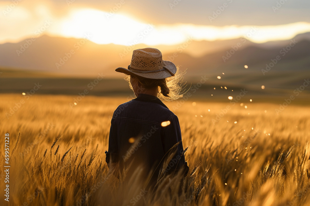 farmer in golden wheat fields at sunset, worn hat, casual stance, distant mountains farmer in golden wheat fields at sunset, worn hat, casual stance, distant mountains