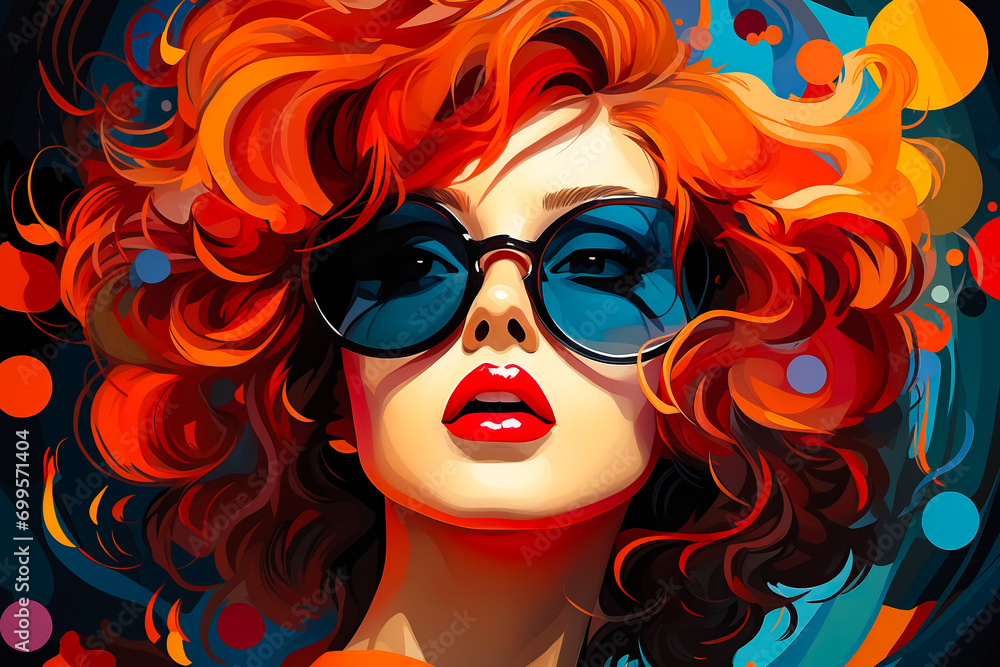 Woman with red hair and sunglasses on her face is shown.