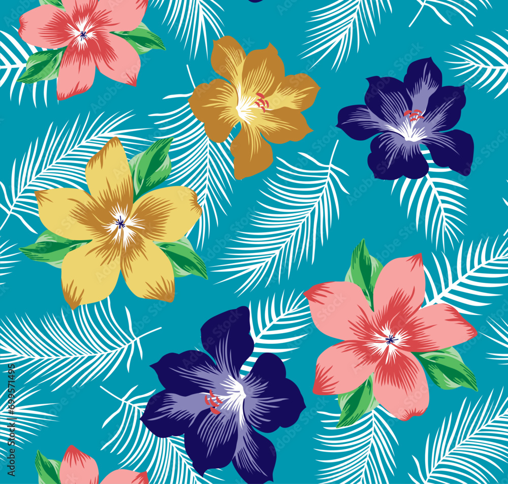 Big Flowers pattern with leaves on background Big Flowers pattern with leaves on background