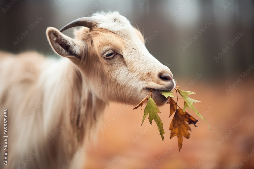 goat casually eating a maple leaf in autumn