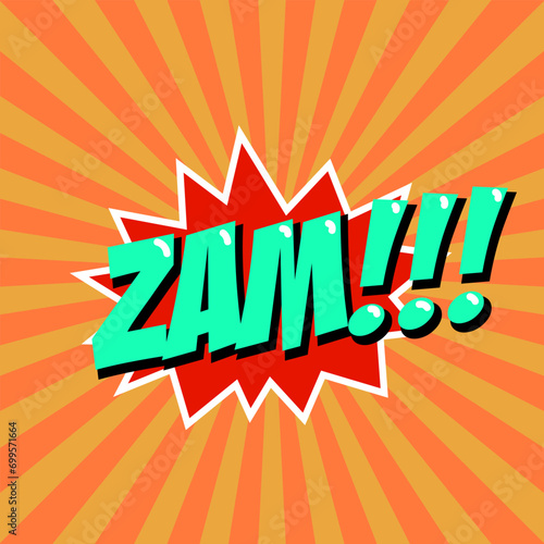 Zam! Comic style phrase on sunburst background. Design element for poster, t-shirt. Vector illustration.