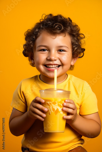 Little boy drinking yellow drink with straw in his mouth.