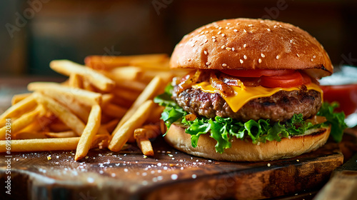 Fastfood, Saftiger Hamburger, Cheeseburger, Restaurant, Imbiss, Speisekarte, Pommes, generative AI photo