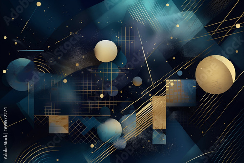 Graphic resources, space and cosmos concept. Abstract and minimalist cosmic background with golden and blue object