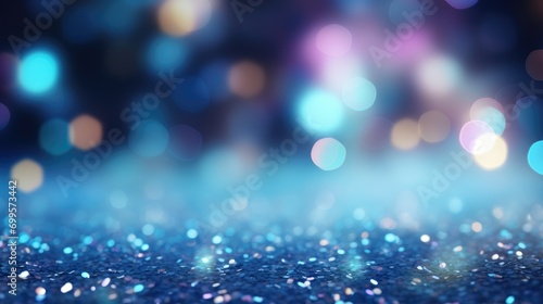 Decorative festive abstract blue glitters with blurred bokeh effect background. Christmas, New Year, holidays decoration banner