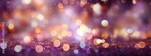 Decorative festive abstract purple glitters with blurred bokeh effect background. Christmas, New Year, holidays decoration banner