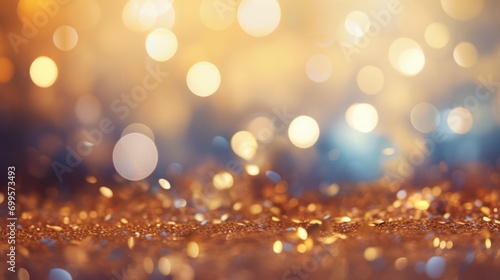 Decorative festive abstract golden glitters with blurred bokeh effect background. Christmas, New Year, holidays decoration banner