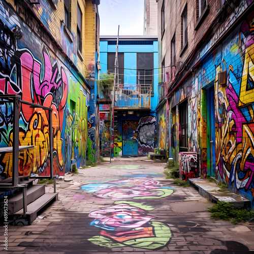 Vibrant graffiti art on an urban alleyway. © Cao