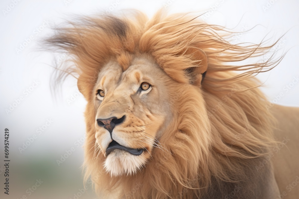 male lion with mane blown by wind