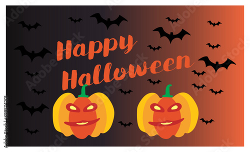 Happy Halloween night theme design vector with pumpkins,  bats on dark background.