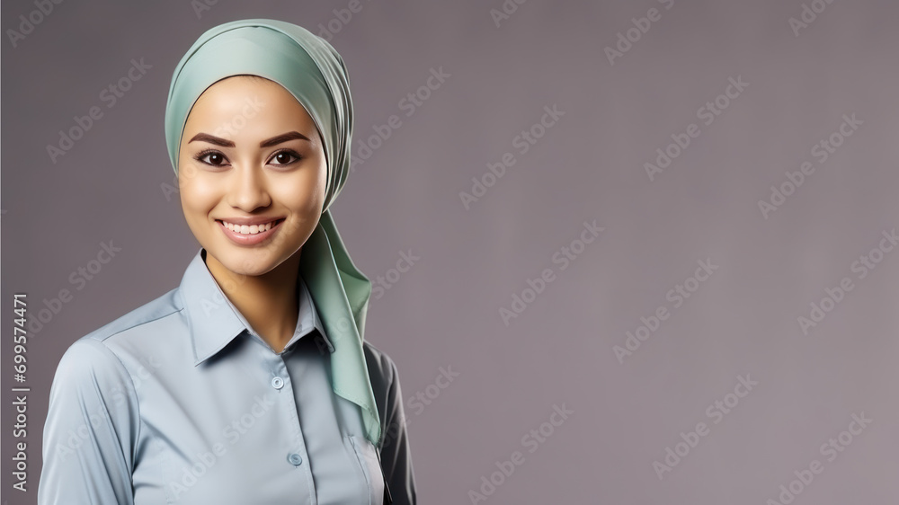 Malay woman in hotel staff uniform smile isolated on pastel background Malay woman in hotel staff uniform smile isolated on pastel background
