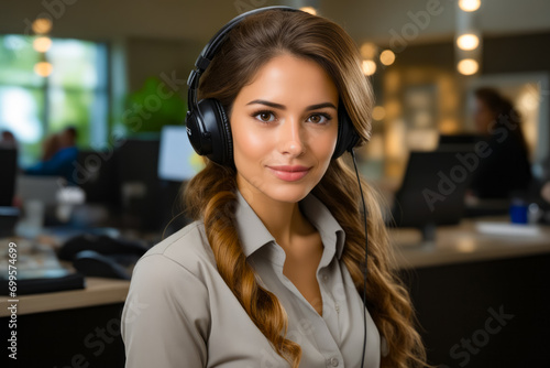 Woman wearing headphones in office setting with computer desk in the background.