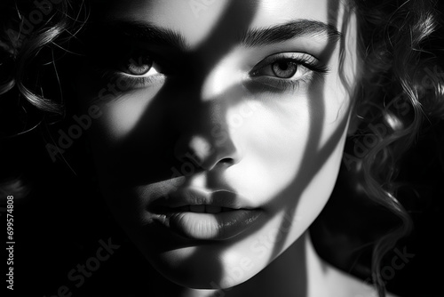 Woman with shadow on her face and her shadow on her face.
