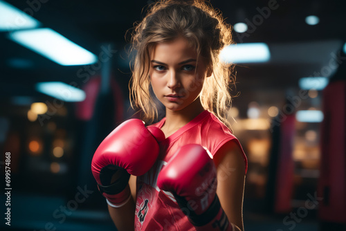 Young woman wearing boxing gloves in gym setting.