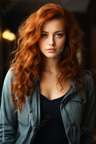 Woman with red hair and green jacket is looking at the camera.