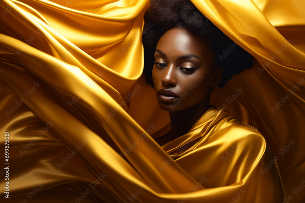 Woman with black face and yellow cloth.
